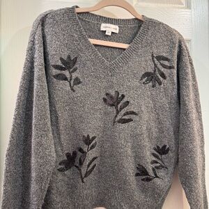 Gray Floral V-Neck Sweater